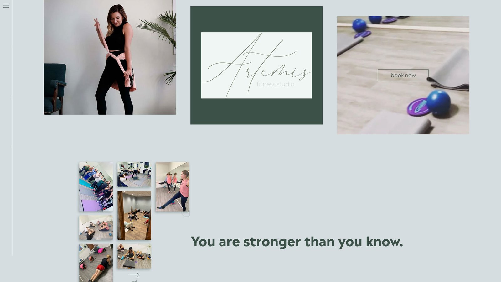 Artemis Fitness Studio website hero section